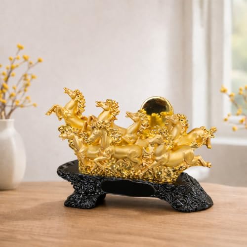 Image of Armonia Premium 7 Running Horses Statue for Home & Office Decor | Feng Shui & Vastu Showpiece |Polystone Golden Finish |11.81 x 8.66Inch| Lucky Wealth & Success | Figurine for Living Room,Hall & Shelf
