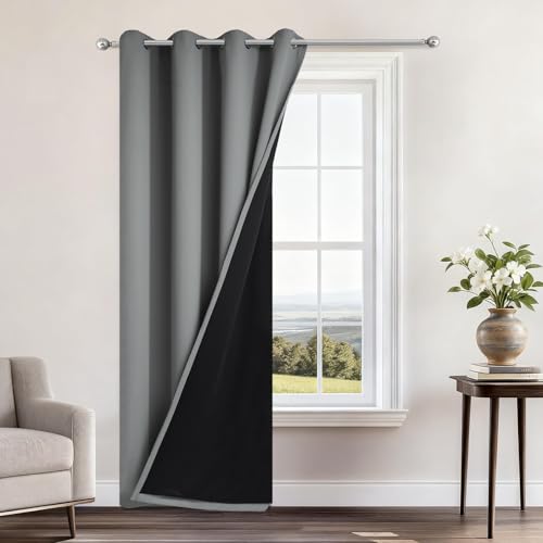 Image of Yakamok Grey Blackout Curtains 84 Inches Long for Bedroom 52 inch Wide 1 Panel | Blackout Curtain Panels for Bedroom, 2 Thick Layers Grommet Top Thermal Insulated Drapes with Black Liner for Living Room