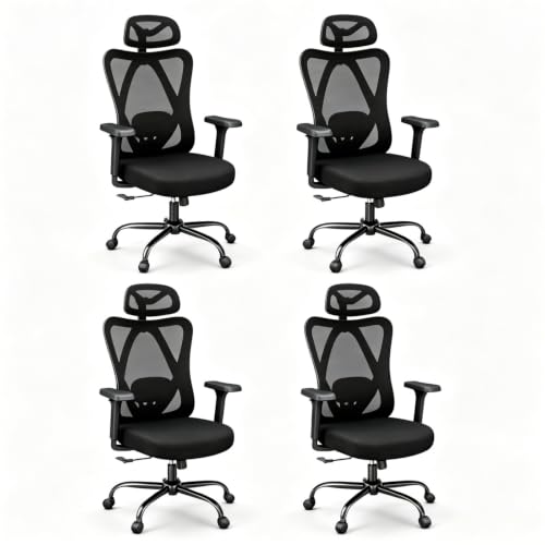 Image of AnyGod Set of 4 Mesh Office Chairs with Headrest, Lumbar Support & 3D Arms