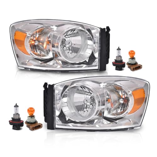 Image of GRAND ORANGE Headlights Assembly w /Bulbs Compatible with Dodge Ram 1500 Truck 2006-2008 /Fits Dodge Ram 2500 3500 Truck 2006-2009 Headlamps Clear Lens Amber Reflector