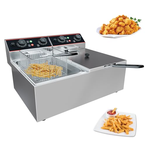 GarveeHome Commercial Deep Fryer with Basket, 11.55 QT/11 L Stainless Steel Electric Countertop Fryer with Double Tanks and Temperature Control for Restaurant and Home Use,1500 W+1500 W