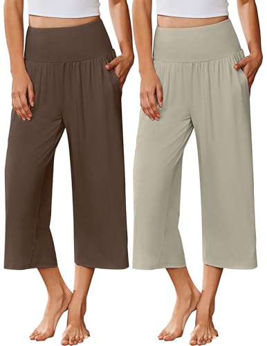 Image of Ekouaer 2 Pack Womens Pajama Pants 2026 Wide Leg Capri Yoga Pants Lounge Comfy Sleep Pj Bottoms with Pockets