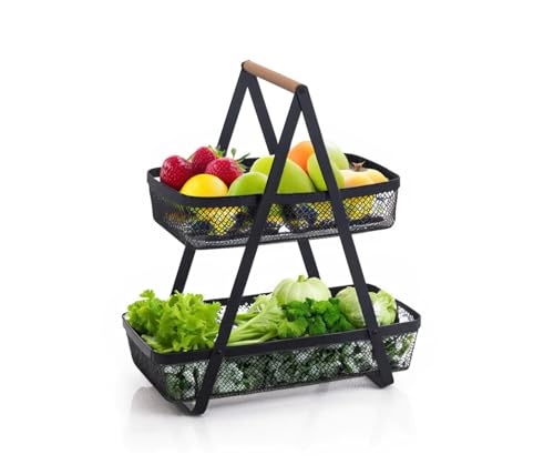 Trendi 2 Tray Fruit Stand Fruit Bowl, 2-Tier Mesh Fruit Basket with Wooden Handle, Fruit Bowl, Bread Basket, Vegetable Bread Basket, Modern for Kitchen Decoration, Vegetables, Fruits, Snacks
