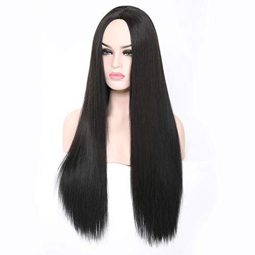 Black Wig Long Synthetic Wig Middle Part 24 inch Women Cosplay Wig Glueless Heat Resistant Costume Wig for Halloween Party Average Size