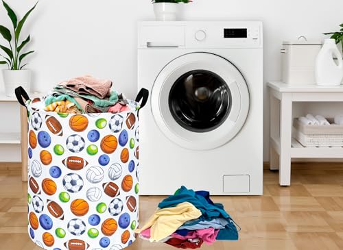Image of 19.7 inch Round Kids Laundry Basket Gift Baskets Storage Laundry Hamper Toys Nursery Bin with Handles,Storage Basket for Childrens Room Bedroom Decor (BALLS)