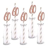 Rose Happy 60th Birthday Straw Decor, Rose Gold Glitter 24pcs Cut-Out Number 60 Party Drinking...