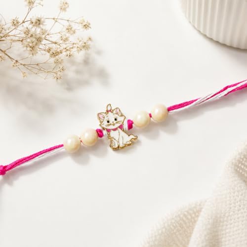 Image of eCraftIndia Pink and White Marie Cute Cat with Beads Designer Pet Rakhi For Brothers, Kids, Bhai | Raksha Bandhan Rakhi with Roli Chawal