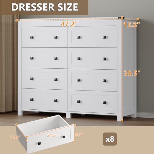 Image of BORNOON Tall 8-Drawer Dresser, Modern Wooden Storage Chest of Drawers, Dresser TV Stand, Wood Drawer Organizer with Metal Handles for Bedroom, Living Room, Hallway