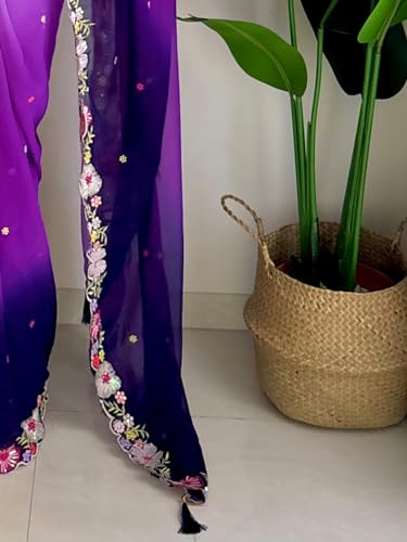 Image of AKHILAM Women's Multicolor Georgette Embroidered Saree with Unstitched Blouse Piece(KESARI7801 KR Parent)