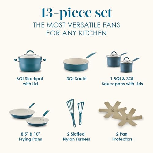 Image of Rachael Ray Cucina Ceramic Nonstick Cookware Pots and Pans Set, 13-Piece, Marine Blue