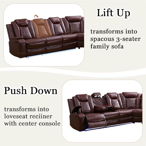 Image of Power Recliner Sectional Sofa Set with LED, Breathing Leather Reclining Sectional Corner Couch & Chair, L-Shaped Home Theater Seating with Charging /Storage for Living Room