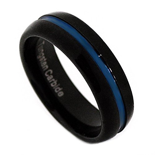 Panvisionary 7mm Thin Blue Line Black IP Tungsten Carbide Wedding Band Ring w Blue IP Channel (10.5)