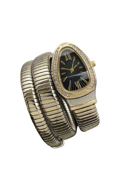 Luxury Snake Chain Watch with Crystal Bezel, Two-Tone Gold and Silver Wrap Design, Black Dial, Ladies Fashion Timepiece-image-6