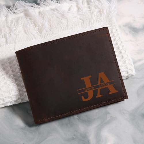 INBLUE Custom Wallets for Men with Initials and Name Engraved Bifold Wallet with Monogram Men's Leather Wallet Personalized Gifts for Dad Husband Father's Day Anniversary (B3: Dark Brown, 2 Letters)2