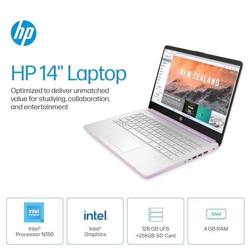 Image of HP 14 Ultra-Light Laptop for Student & Home (14 inch LED, 1-Year Office 365, Intel 4-Core N150 (>N4120), 4GB RAM, 128GB Storage + 64GB SD Card), Long Battery Life, Fast Charge, Webcam, Win 11 S, Lavender