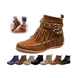 Boho Boots Fringe Booties Suede Tassel Boots Fashion Pull On Short Winter Warm Fashionable Western Outdoor Short Boot with Zipper (Brown-A,5)