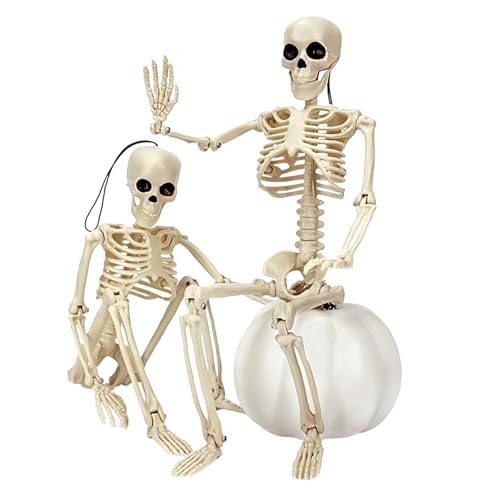 Kiuiom Esqueletos móveis de corpo inteiro, realista posável Halloween esqueleto, esqueleto totalmente articulado para decorações de casas encantadas e presentes de festa terrível, 40 cm, 2 peças