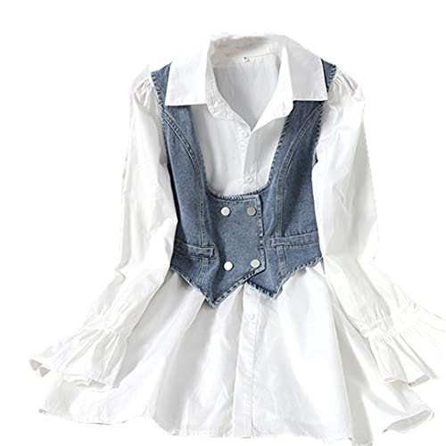 Korean Puff Sleeve Women White Shirt Blouses Cropped Denim Vest Oversized Long Shirt Set