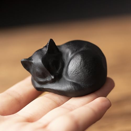 OwMell Tiny Sleeping Cat Statue Hand-Carved Healing Stone Gemstone Little Kitten Statue Figurine 2" - Black Obsidian Small