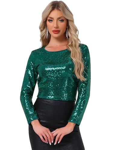 Allegra K Sequin Tops for Women Round Neck Long Sleeve...