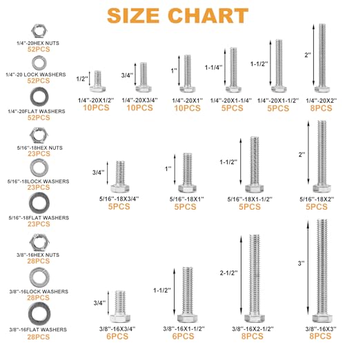 Image of VIGRUE 405PCS Hex Bolts Assortment Kit 1 /4-20 5 /16-18 3 /8-16 Heavy Duty Bolts Screws Nuts Flat Spring Washers Assorted, Includ 3 inch Long Bolts, 14 SAE Sizes Length 3 /4 inch to 3 inch, 304 Stainless Steel