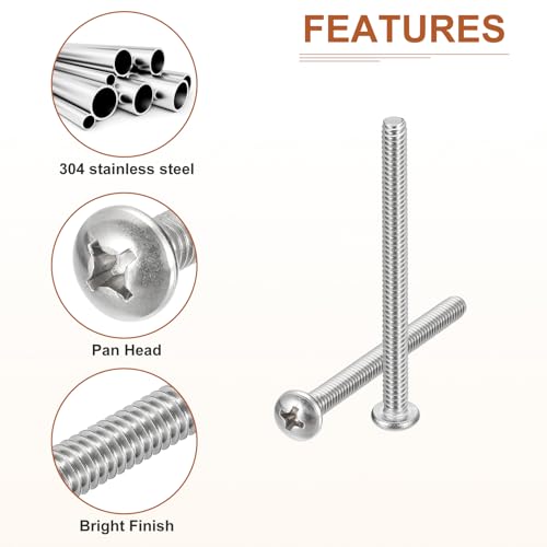 DTGN #10-24x2-1/2" Pan Head Machine Screws, 50Pcs 304 Stainless Steel, Phillips Drive, UNC Full Thread, Bright Finish, Screws Bolts Kit - Image 4