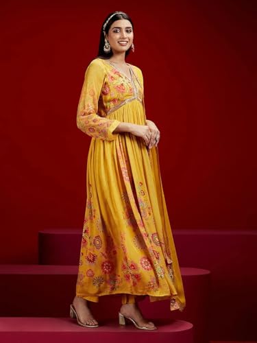 Image of KD Georgette Women's Anarkali Floral Printed Kurta Pant Set with Dupatta Kurta Kurti for Women