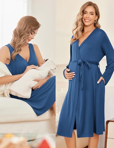 Image of Ekouaer Maternity Nursing Gown and Robe Set Labor Delivery Nursing Nightgowns for Breastfeeding Pregnancy Clothes