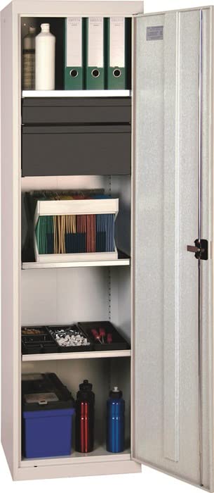 Double Door Schrank Premium, 2 Schubladen + 3 Wannen, 180 x 50 x 50 cm, grau