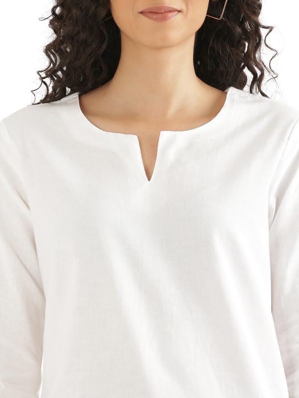 Image of SAADAA Airy Linen Split Neck Short Kurta for Women | Casual & Office Wear | 3 /4 Sleeves, Comfortable Fit | Elegant Top | Lightweight & Breathable Fabric |