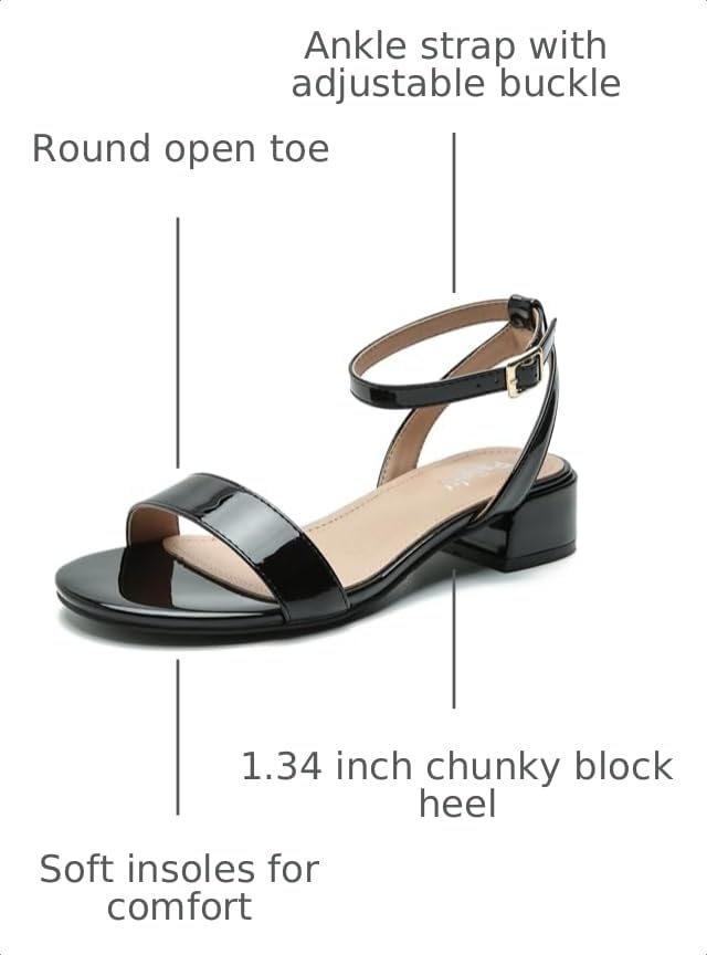 Image of Women's Ankle Strap Sandals, Low Block Heel, Open Toe Summer Dress Shoes with Buckle Closure
