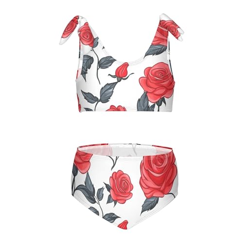 KLL Floral Pattern Red Roses Girls' Two Pieces Bikini Sets Beach Swimsuits Swimwear Adjustable Shoulder Strap
