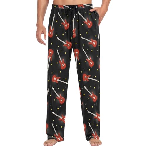 Men's Pajama Bottoms Music Red Bass Guitars Mens Pajama Pants Black Gold Stars Cotton Pj Bottoms Sleepwear Lounge Pants XL