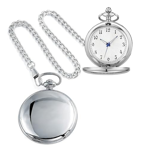 Image of Tiong Pocket Watch Vintage Quartz Pocket Watches with Chain Christmas Graduation Birthday Gifts Father's Day(Silver)