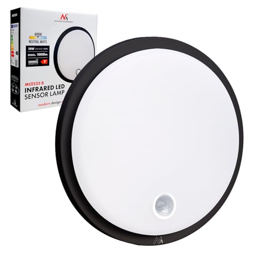 Maclean MCE525 B Plafoniera LED 10 W con sensore di movimento PIR IP65 1000 lm luce bianca neutra 4000 K per interni ed esterni nero