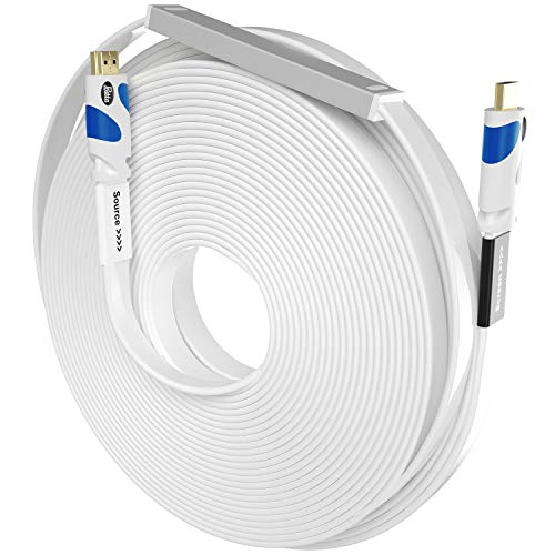 Image of Postta Flat HDMI Cable 100 Feet Flat HDMI 2.0 Cord with Built-in Signal Booster Support 4K,3D,1080p,Ethernet and Audio Return-White-Blue