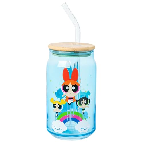 Image of Silver Buffalo Powerpuff Girls Trio Flying Rainbows and Clouds Blue 2pk 16oz Glass Tumbler w Bamboo Lid and Glass Straw Set