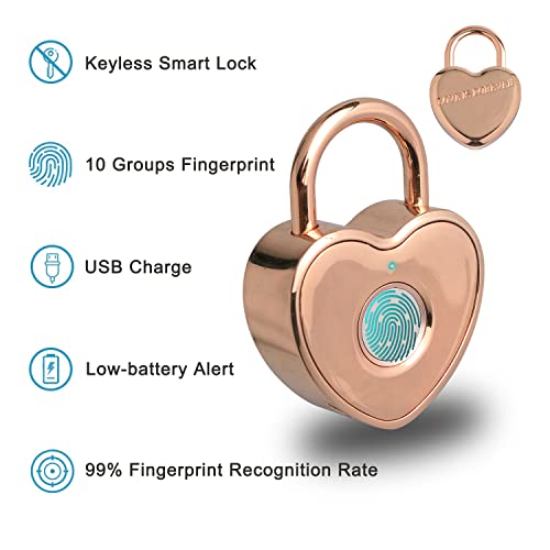 Heart Shaped Fingerprint Padlock, Small Smart Padlock for Gym Locker, Backpack, School, Mailbox, Travel Suitcase (Rose Gold)3