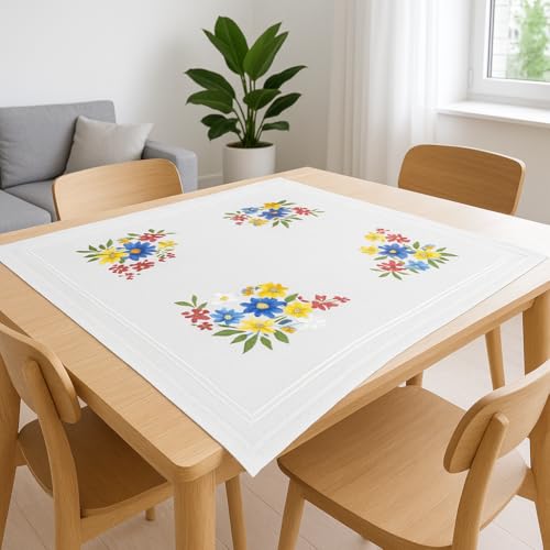 Kit broderie nappe pré-imprimée fleurs avec fil à broder et instructions