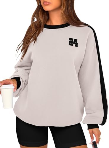 PRETTYGARDEN Oversized Sweatshirt for Women Graphic Long Sleeve Crewneck Sweatshirts Women Fall Outfits Fashion Clothes Beige Grey