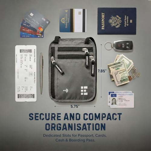 Image of Neck Wallet for Travel & Passport Holder with RFID Blocking - Slim & Easy to Conceal Nylon Travel Pouch for men & women - Holds Phone, Cash, Cards, Keys - Sweat & Water Resistant - Large - Light Grey