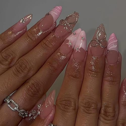 24pcs Pink French Tip Press On Nails With Rhinestones 3D