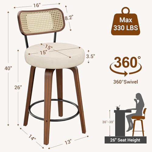 Image of YaFiti Swivel Bar Stools Set of 4, 26''H Upholstered Barstools with Rattan Backs and Wood Legs, PU Leather Counter Height Bar Chairs for Kitchen Island, Cream White