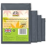 Double Dragon 100-Pack 4 Size (4x9/9x12/10x14/12x16 inches, 25 Each) Self-Seal Grey Poly Mailer Bags | Strong, Waterproof, Tamper-Proof Polythene Packaging for Clothes, Parcels (Also for Storage)