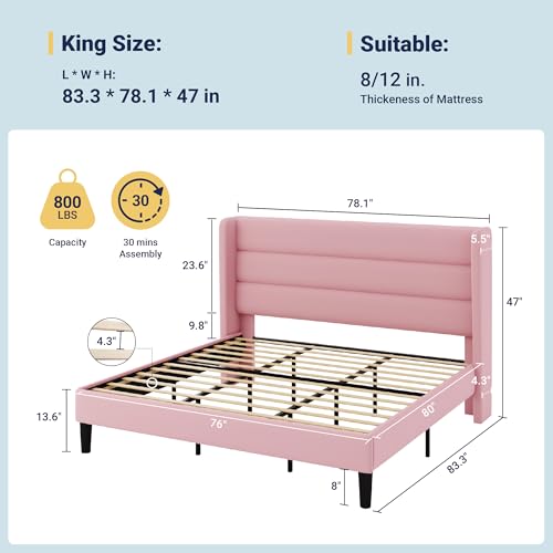 Image of Allewie King Size Platform Bed Frame with Velvet Upholstered Wingback Headboard, No Box Spring Needed, Under Bed Storage Space, Strong Wooden Slats, Modern Mattress Foundation, Easy Assembly, Pink
