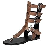 Wtharosa Sandalias Gladiador Mujer Planas con Tiras Anillo de Dedo Rodilla Alta Estilo Romano Botas Sandalias Zapatos de Verano Casuales para Viaje Vacacional y Uso Diario,Marrón,39 EU