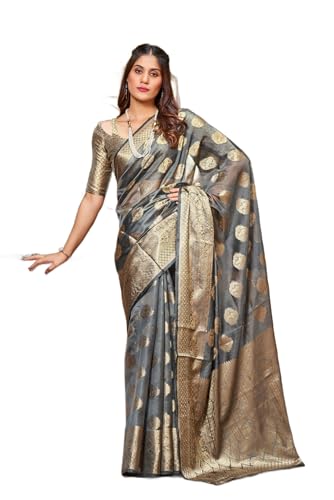 Image of SWORNOF Women's kanjivaram banarasi silk saree Zari Woven for festival Wedding silk with rich pallu Design sarees for women with Unstitched blouse piece