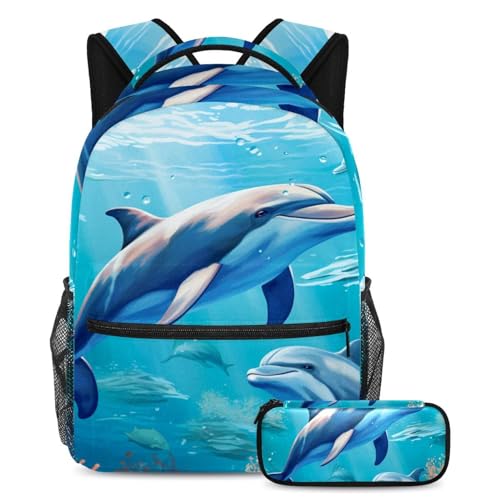 Sac à dos imprimé baleine de mer grand volume avec trousse scolaire assortie Blue Seaworld