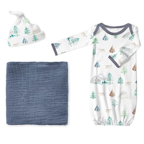 Image of SwaddleDesigns Baby Gift Set, Denim Muslin Swaddle Blanket and Watercolor Mountains & Trees Newborn Hat and Pajama Gown with Mitten Cuffs, Softest Cotton