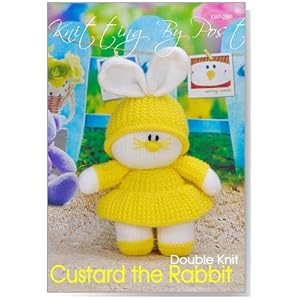 Knitting by Post Toy Knitting Pattern – Custard The Rabbit from Easter Animal Knitters Leaflet. Knit Cute Bunnies Handmade Gifts. Fun Quick & Easy Beginner Soft Toy UK Terms.